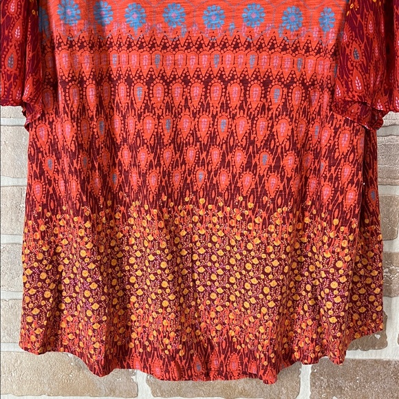 Lucky Brand Top Women’s Red Boho Print Flutter Sleeve lightweight Summer Large - Picture 5 of 12
